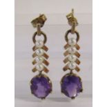 Pair of 9ct gold amethyst and pearl earrings approx. 2.8cm drop total weight 4.2g