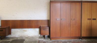 Retro teak bedroom suite by White & Newton comprising 2 wardrobes & a bed headboard