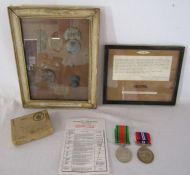 Defence and War medal framed Waterloo relics picked up at Hougement and a framed piece of wire