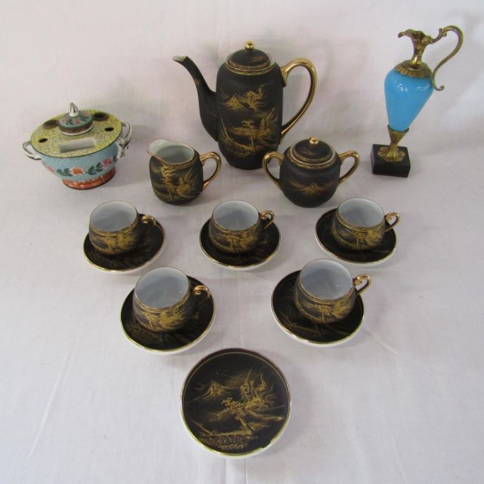 Kobe China hand painted Mount Fuji egg shell tea set, a Chinese design brush pot and a blue and gold