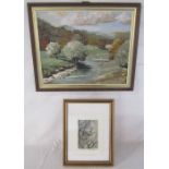 JA Naylor oil painting of a river scene and an etching 'evening owl' A Deas