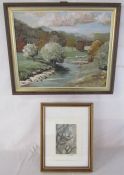 JA Naylor oil painting of a river scene and an etching 'evening owl' A Deas