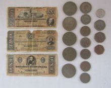 Confederate States' America 1864 twenty, two and one dollar bills and some coins including