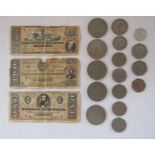 Confederate States' America 1864 twenty, two and one dollar bills and some coins including
