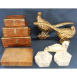 Set of 3 graduated brass bound jewellery boxes & 1 other, 2 decorative pheasants & 3 trinket pots