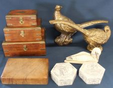 Set of 3 graduated brass bound jewellery boxes & 1 other, 2 decorative pheasants & 3 trinket pots