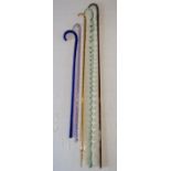 5 glass canes - blue glass incised twist walking stick - clear glass walking stick with outer red