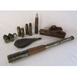 Leather bound telescope with leather carry case, leather gun powder flask and military shell cases
