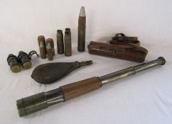 Leather bound telescope with leather carry case, leather gun powder flask and military shell cases