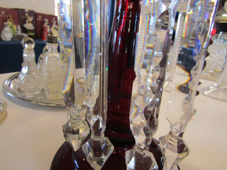 Pair of ruby glass lustres with clear glass drops - some missing / wrong size - one lustre has crack - Image 6 of 7