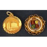 Enamel & gilt shilling coin in 9ct gold mount (5.5g) & gold pendant marked 585 (3.2g)