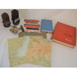 2 carbide lamps, vintage AA badge, tyre pressure gauge, Austin Log Book  & Diary 1967, Hunter