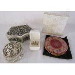 Stratton compact as new, 2 white metal trinket boxes with pheasant design and a white metal ring