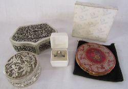 Stratton compact as new, 2 white metal trinket boxes with pheasant design and a white metal ring