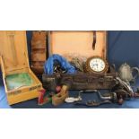 Suitcase containing late Victorian rope twist wall clock, woodworking tools, table top easel box,