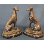 Pair of bronze seated greyhound figures after Barrie on marble bases, height 19.5cm