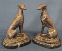 Pair of bronze seated greyhound figures after Barrie on marble bases, height 19.5cm