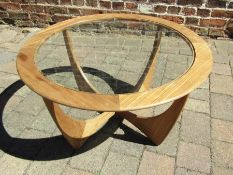 60's/70's G plan Astro circular glass topped teak coffee table approx. 83.5cm x 46.5cm