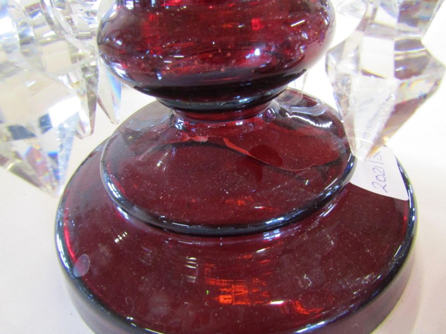 Pair of ruby glass lustres with clear glass drops - some missing / wrong size - one lustre has crack - Image 5 of 7