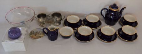 Delauney coffee set, Caithness paperweight, silver topped jam pot, prattware pot lid etc