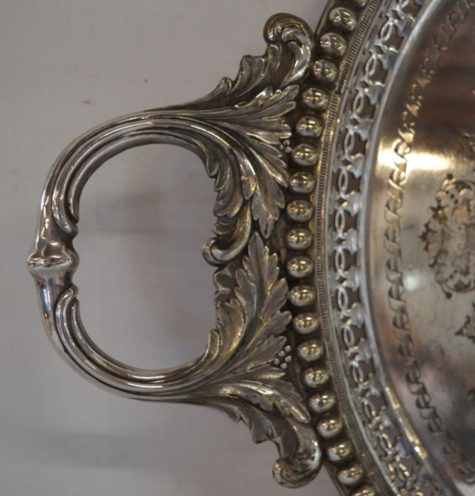 Large Victorian silver plated tray with ornate handles & engraving 82cm by 49cm - Image 2 of 4