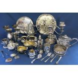 Selection of silver plate including salvers, EPBM teapot, wine coaster etc.