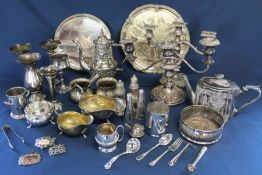 Selection of silver plate including salvers, EPBM teapot, wine coaster etc.