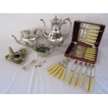 Silver plate including 2 sets of fish knives and forks, teapot and coffee pot, a condiment set and a