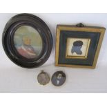 3 miniature portraits and one 9ct gold mounted double sided photograph pendant