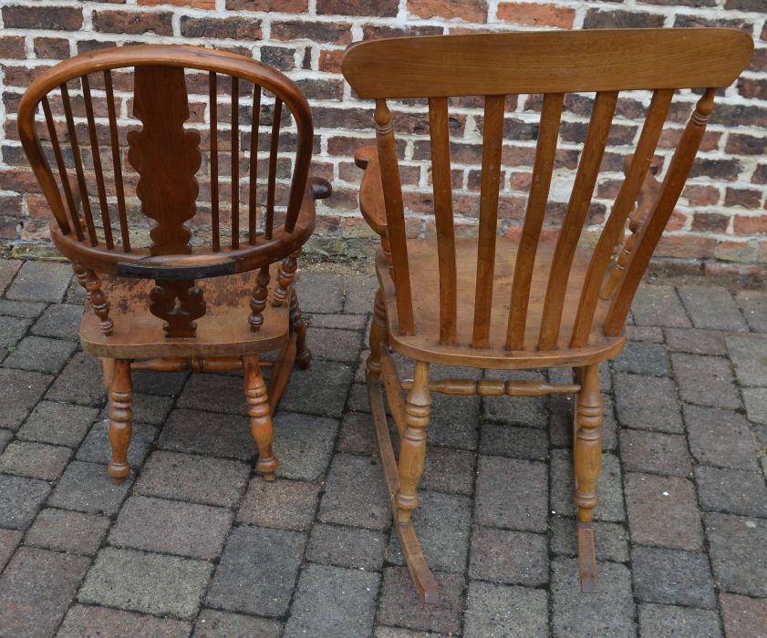 Victorian farmhouse rocking chair & a yew wood Windsor chair with repairs & cut down legs - Image 2 of 2