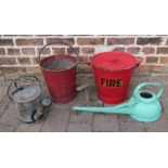 Fire buckets one with lid, watering cans and shoe last