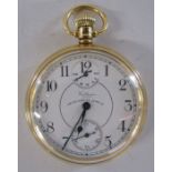 Waltham 18ct gold Maximus Vanguard 23 jewels pocket watch with top dial indicating the spring