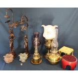 Two Art Nouveau style figural table lamps, 3 paraffin lamps, Mason candle lamp, majolica stand & 1