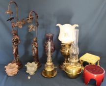 Two Art Nouveau style figural table lamps, 3 paraffin lamps, Mason candle lamp, majolica stand & 1