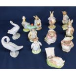 2 Lladro geese (1 with damaged tail) & 10 Royal Albert Beatrix Potter figurines (8 with boxes)