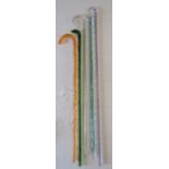 5 glass canes - clear glass walking stick containing red, white and blue spiralling - pale green