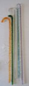5 glass canes - clear glass walking stick containing red, white and blue spiralling - pale green