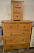 Modern oak chest of drawers 2 over 3 approx. L100cm x H110cm x D42cm and oak bedside 3 drawers