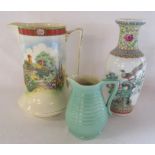 Chinese vase, Rutland Falcon ware jug with country cottage scene and a Govancroft green jug