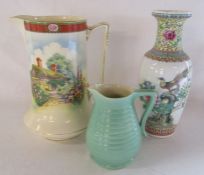 Chinese vase, Rutland Falcon ware jug with country cottage scene and a Govancroft green jug