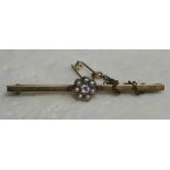 Diamond & seed pearl set bar brooch approximately 0.064ct