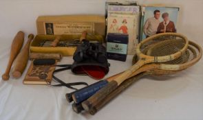 Vintage tennis rackets, chest expander, juggling skittles, pair binoculars, knitting & sewing