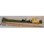 Black Seal fly fishing rod with a fishing reel & a Simanco hand crank possibly for a singer sewing