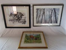 3 pictures - LM Calam of an old farm building, Shirley Davis Drew original 'Morning Mist' and A.E