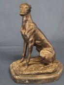 Bronze figure of a seated greyhound after Barrie on marble base, height 19.5cm