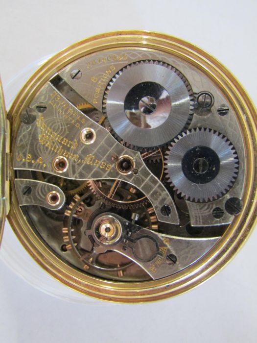 Waltham 18ct gold Maximus Vanguard 23 jewels pocket watch with top dial indicating the spring - Image 5 of 10