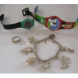 Silver charm bracelet - total weight 1.22ozt, silver ring with stone setting and 2 swatch watches -