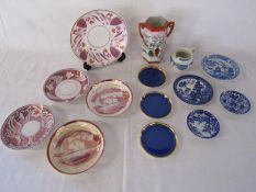 Small collection of items including Lustre saucers, Chinese saucers, Willow Wedgwood, Coalport
