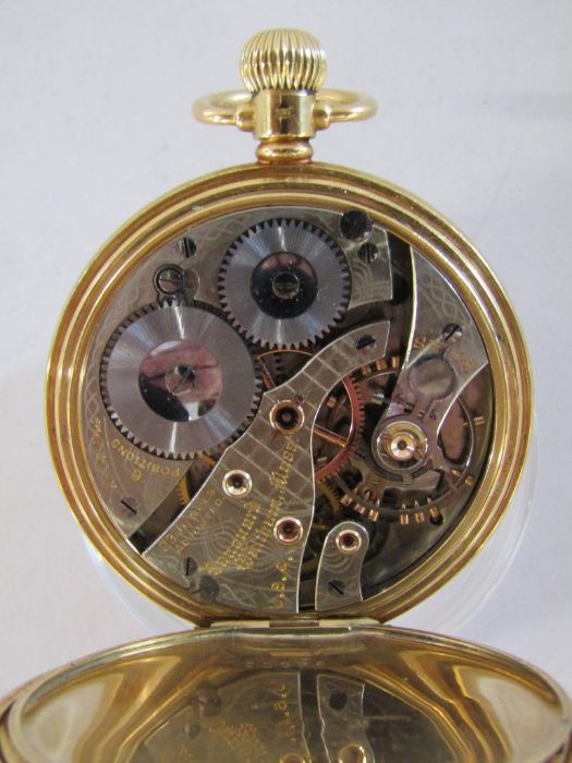 Waltham 18ct gold Maximus Vanguard 23 jewels pocket watch with top dial indicating the spring - Image 4 of 10