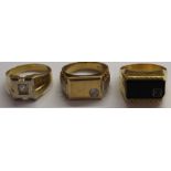 2 gold signet rings marked 585 11.3g and gold signet ring marked 750 9.7g